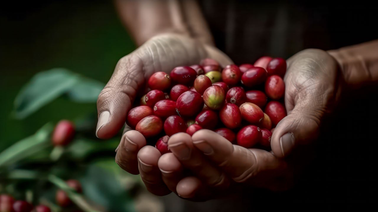 Manos sosteniendo granos de café
